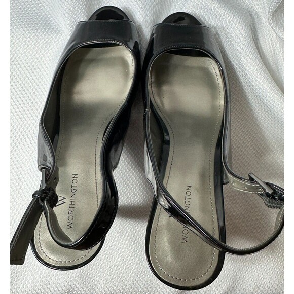Worthington Shoes Sz 8M BLK SlingBack Patent Adjustable Open Toe Heels Pumps - Picture 6 of 13